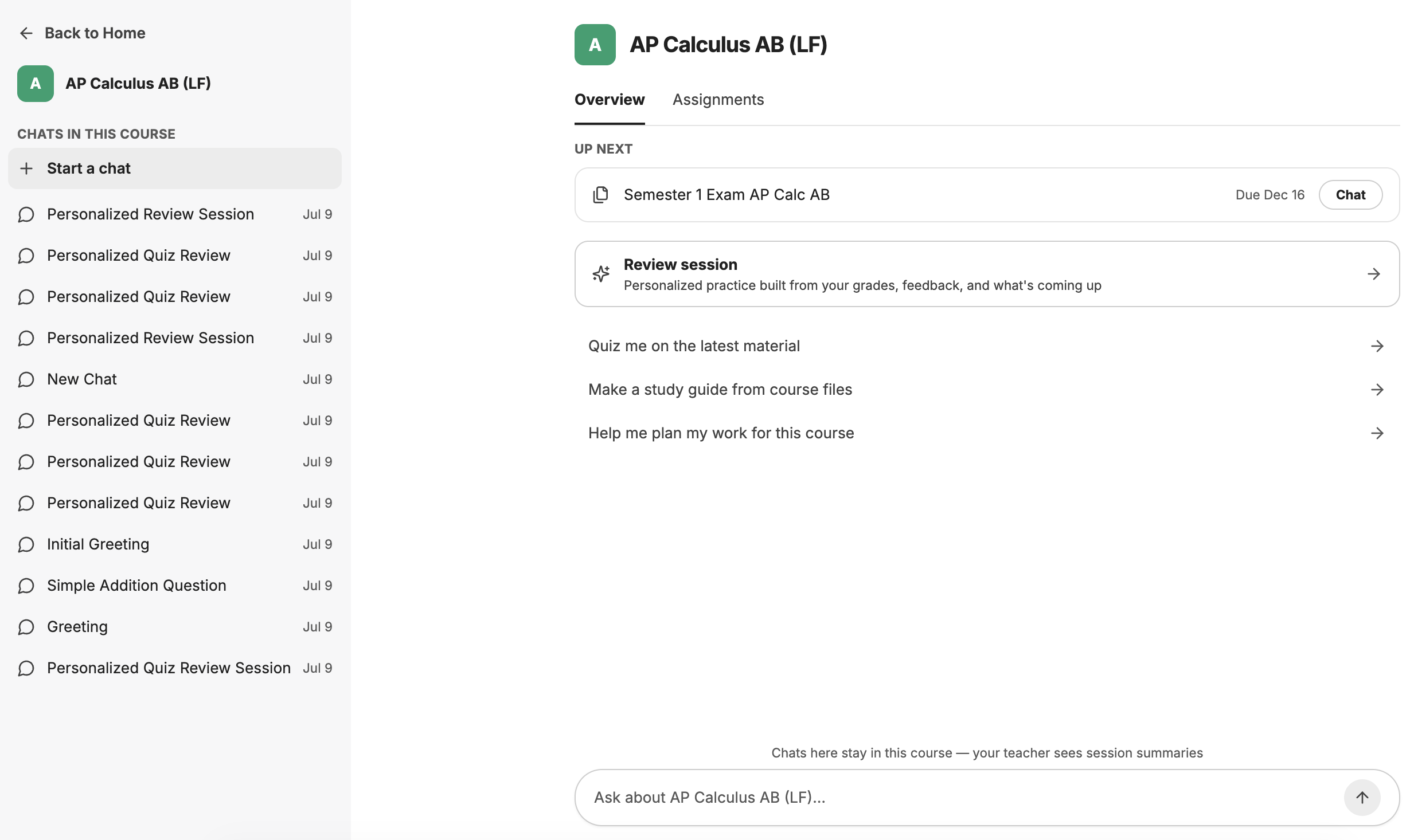 CourseWing AP Calculus course hub with an upcoming exam, personalized review, and course-aware study actions