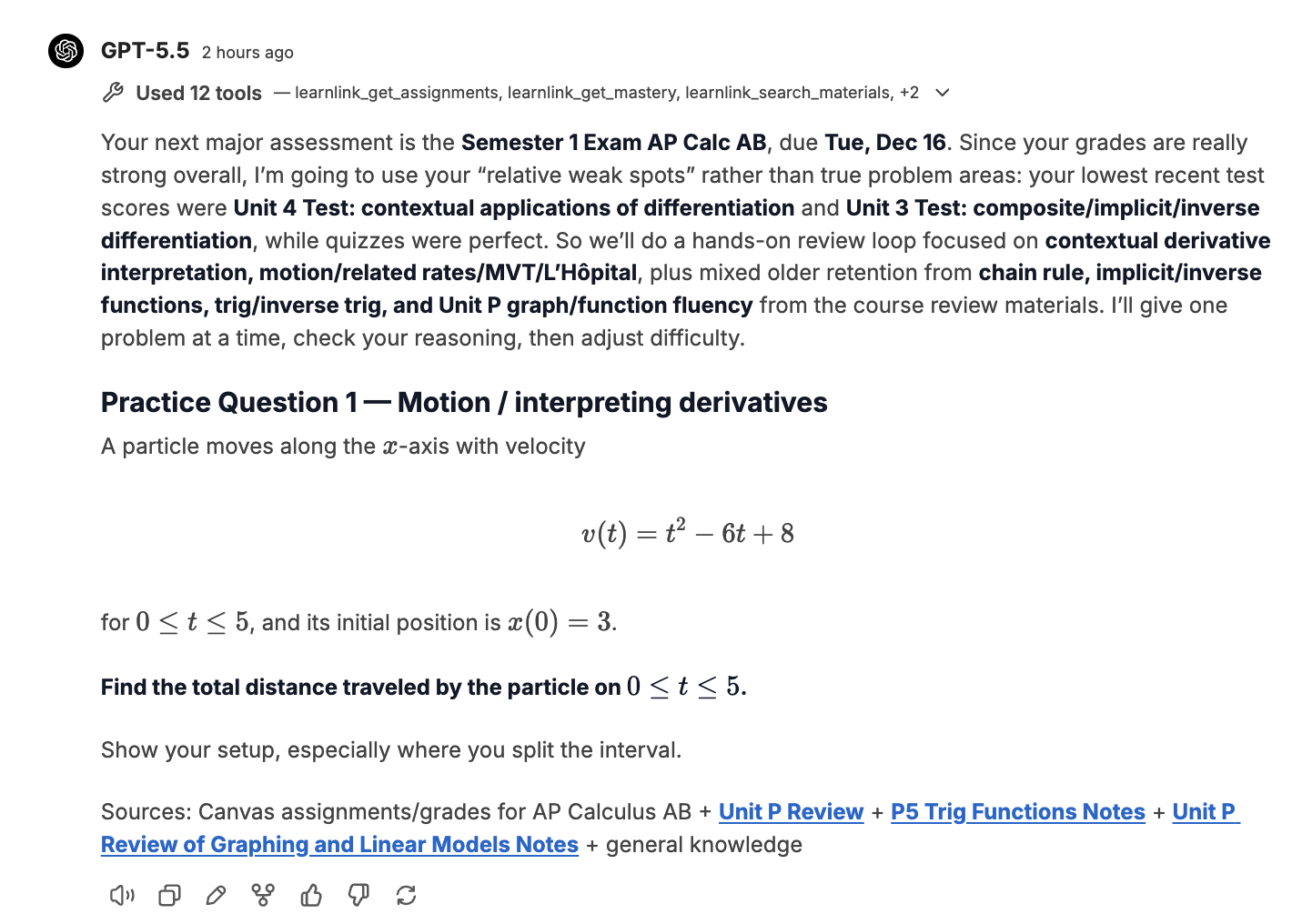 A personalized calculus review generated from assignments, mastery data, and class materials