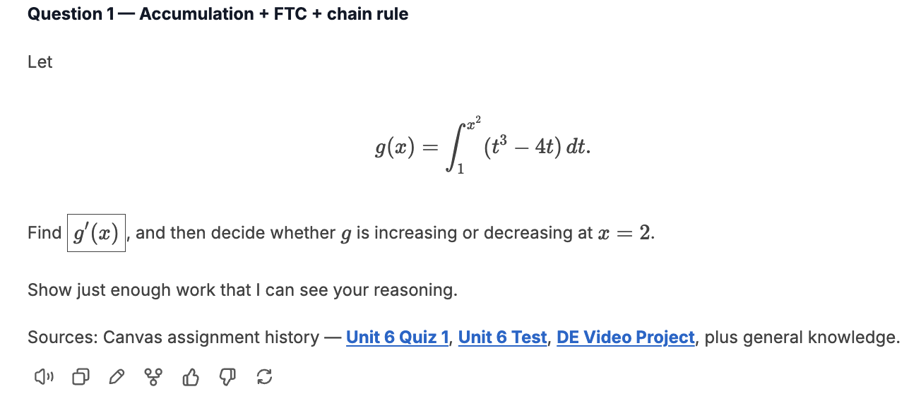 A calculus practice question with linked Canvas sources shown below the answer