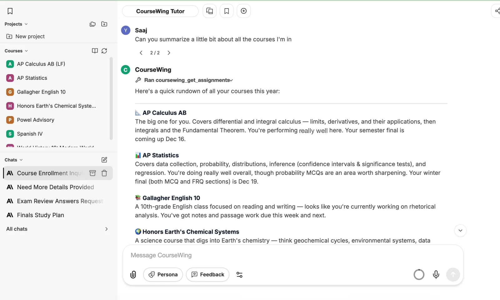 CourseWing summarizing every course a student is in — AP Calculus, AP Statistics, English, and more, with due dates and standing