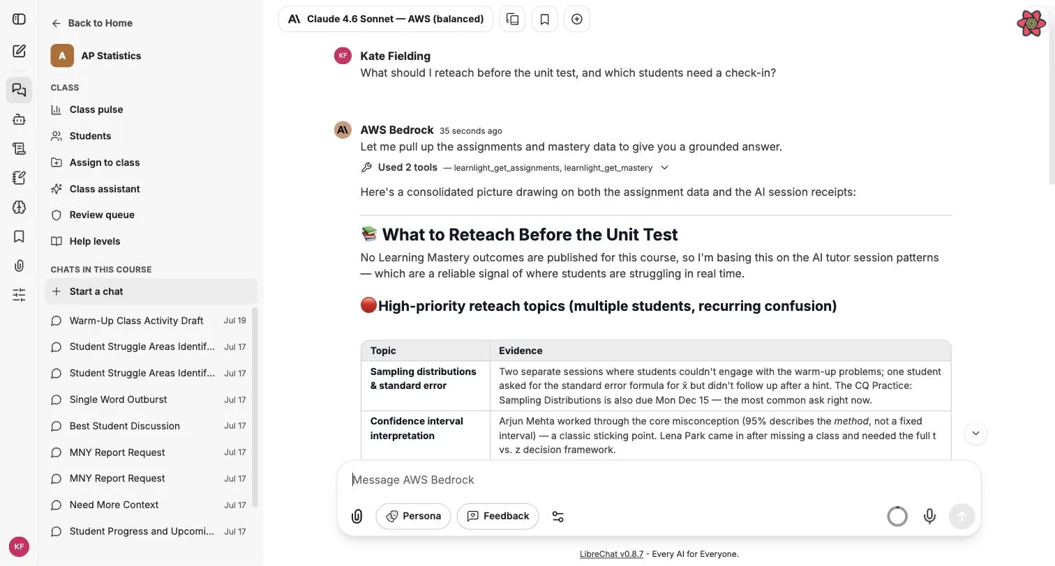 The class assistant answering: what to reteach before the unit test, with a topic-and-evidence table