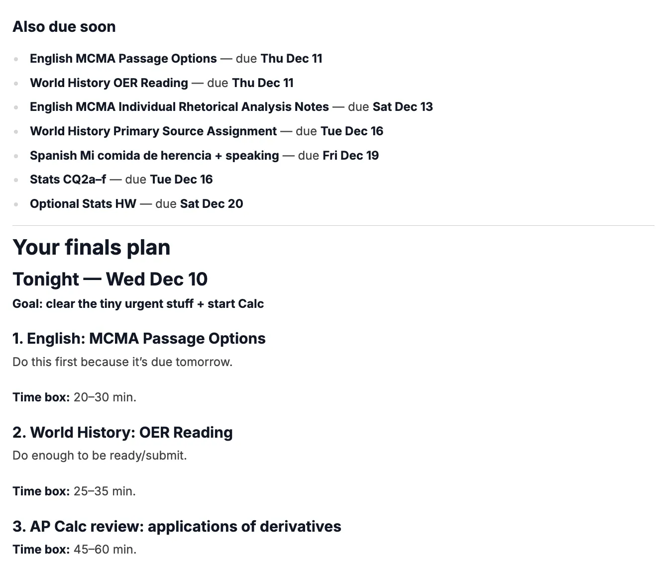 A finals plan: everything due soon across courses, then a night-by-night schedule with time boxes