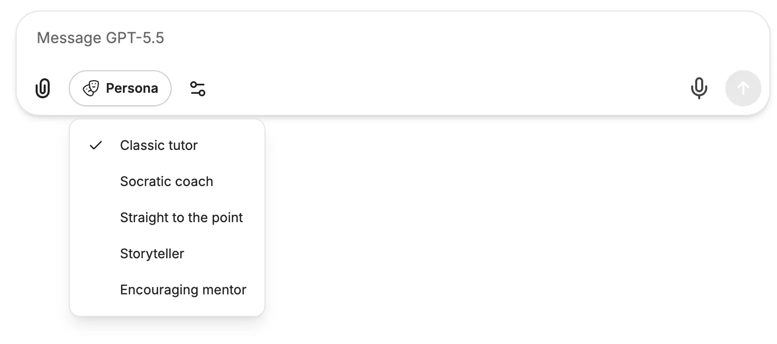 The persona picker in the chat composer: classic tutor, Socratic coach, straight to the point, storyteller, encouraging mentor