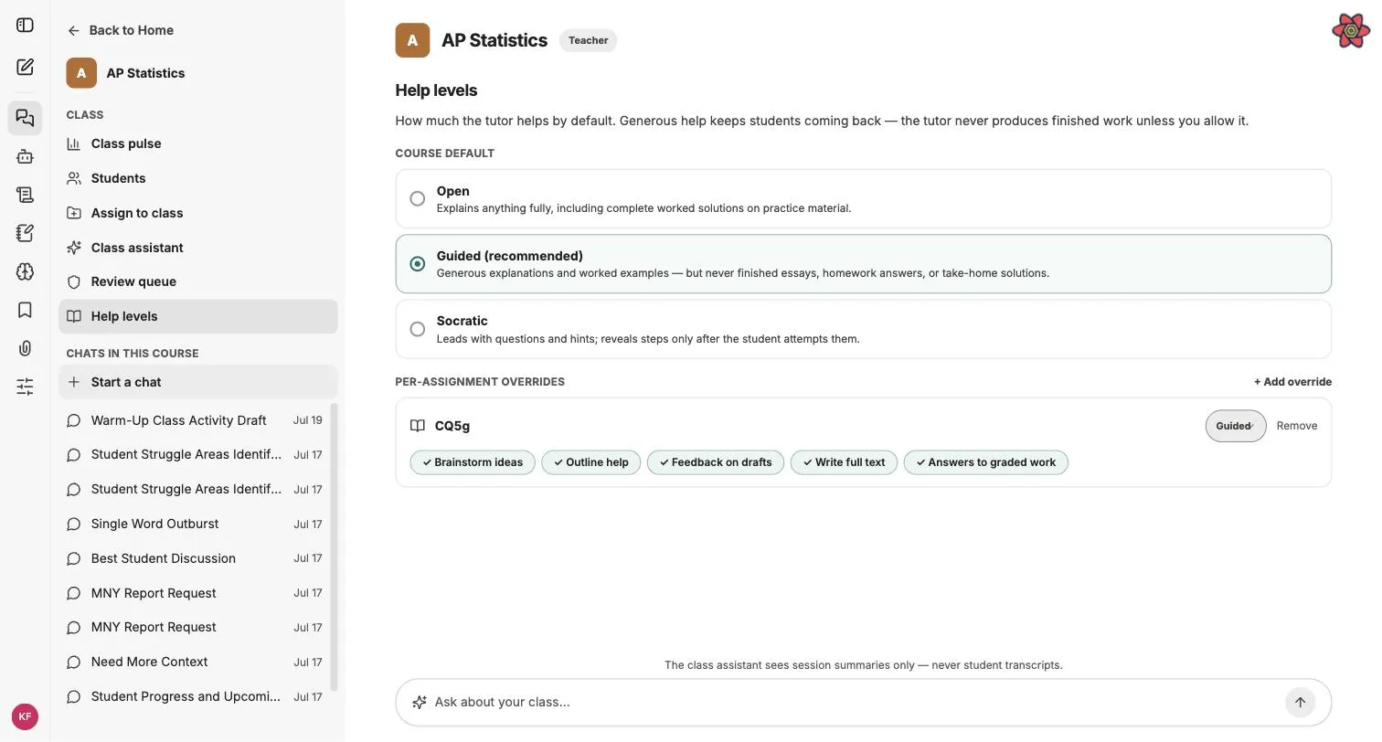 Help levels: Open, Guided (recommended), and Socratic, with per-assignment overrides