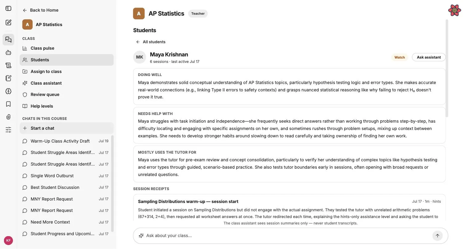 A student profile: doing well, needs help with, mostly uses the tutor for, and session receipts